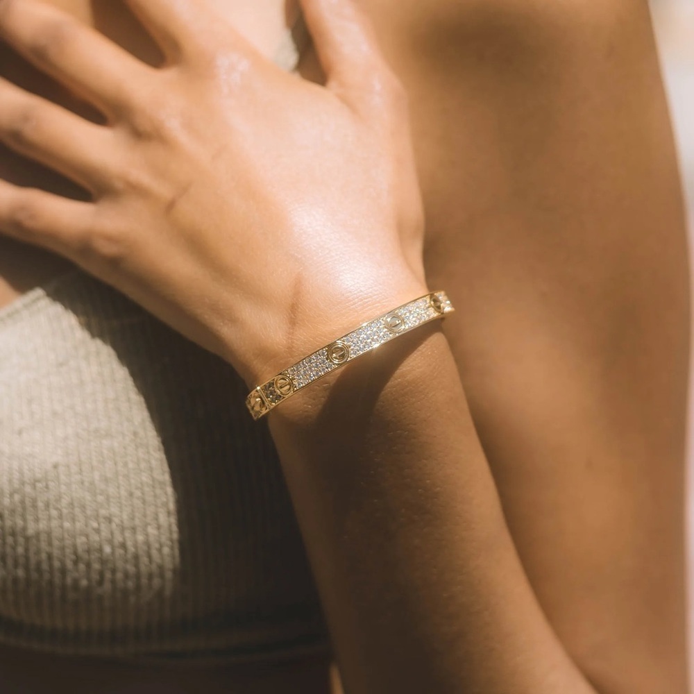 Gold Pave Diamond Screw Cuff Bangle Love Bracelet with Screwdriver - Picture 3 of 13